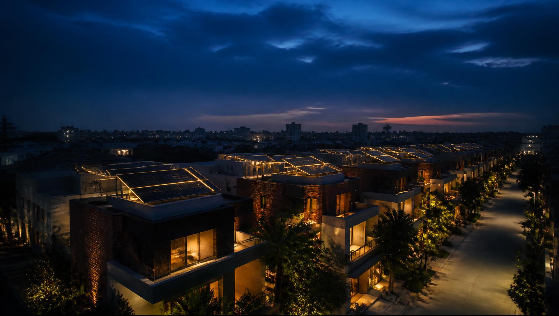 Rooftop solar installations across a modern residential neighbourhood in Ahmedabad at dusk